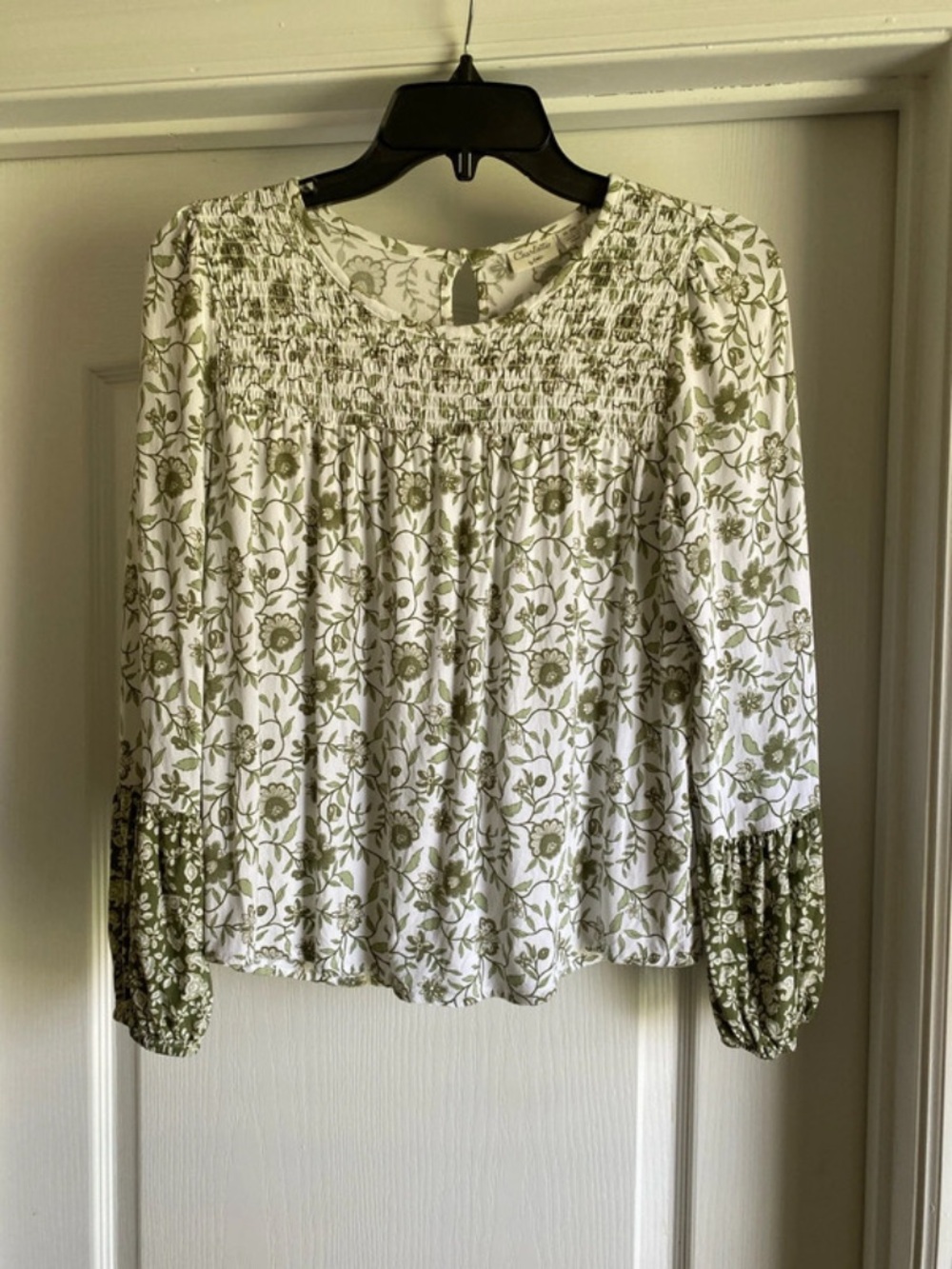 Smocked Floral Long-Sleeve Top in Olive and White